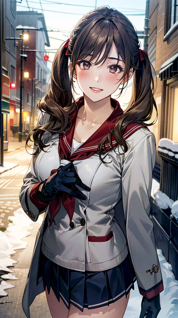 (masterpiece:1.3, top-quality, ultra high res, ultra detailed), (realistic, photorealistic:1.4), beautiful illustration, perfect lighting, natural lighting, colorful, depth of fields, surrealism,
beautiful detailed hair, beautiful detailed face, beautiful detailed eyes, beautiful clavicle, beautiful body, beautiful chest, beautiful thigh, beautiful legs, beautiful fingers,
looking at viewer, 1 girl, japanese, 14 years old, (perfect anatomy, anatomically correct), cute and symmetrical face, babyface, perfect face, shiny skin,
(middle hair:1.7, twintails:1.4, light brown hair), hair between eyes, brown eyes, long eye lasher, (large breasts:0.5, seductive thighs),
(((gray medium coat, muffler, knitted gloves), navy pleated skirt, navy sailor collar, red sailor scarf)),
(beautiful scenery), winter, evening, (downtown), (waving hand), snow, snowfall:1.5, freezing weather, frost, walking, extremely sexy, (happy smile, parted lips), (((bunny girl)))