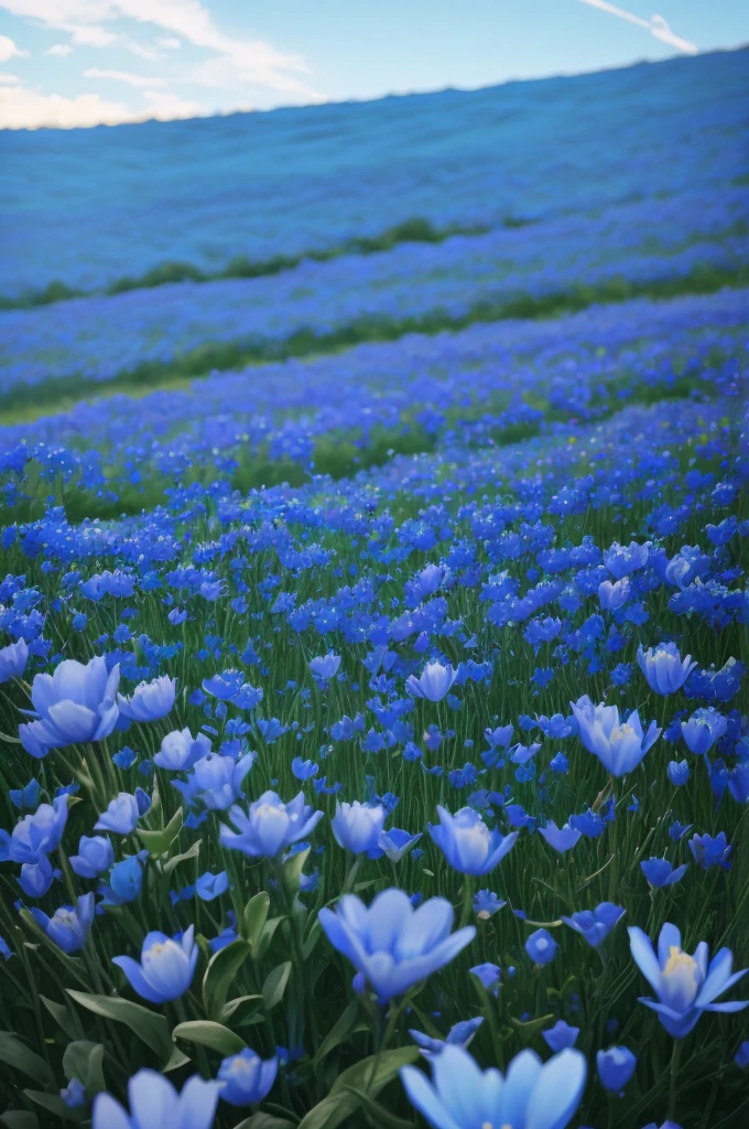 a close up of a bunch of blue flowers in a field, blue flowers bloomed all over, blue flowers, blue flower field, mediumslateblue flowers, lots blue colours, by Anato Finnstark, crown of blue flowers, by Kanō Tan'yū, pale blue eyes!, blue flowers accents, by Shen Che-Tsai