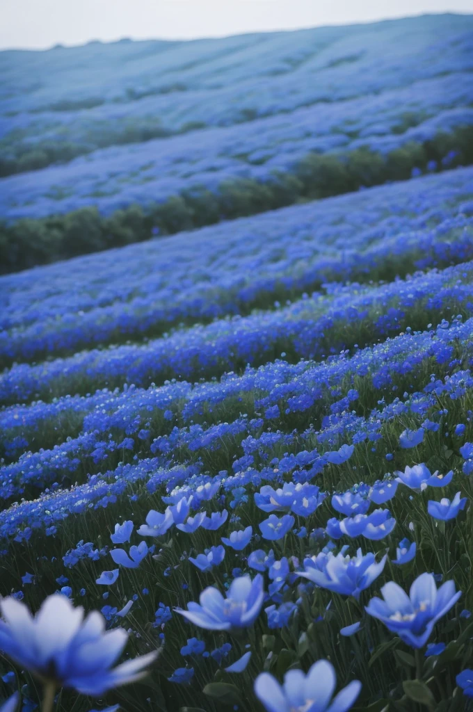 a close up of a bunch of blue flowers in a field, blue flowers bloomed all over, blue flowers, blue flower field, mediumslateblue flowers, lots blue colours, by Anato Finnstark, crown of blue flowers, by Kanō Tan'yū, pale blue eyes!, blue flowers accents, by Shen Che-Tsai