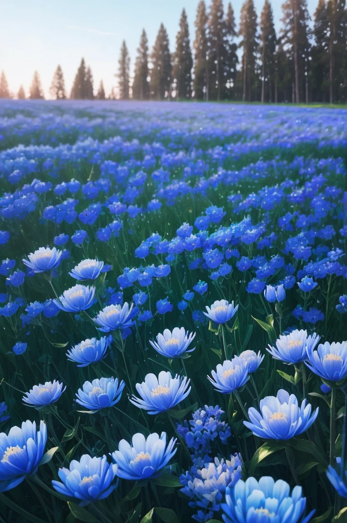 a close up of a bunch of blue flowers in a field, blue flowers bloomed all over, blue flowers, blue flower field, mediumslateblue flowers, lots blue colours, by Anato Finnstark, crown of blue flowers, by Kanō Tan'yū, pale blue eyes!, blue flowers accents, by Shen Che-Tsai