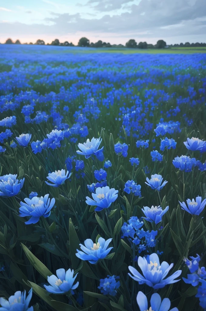 a close up of a bunch of blue flowers in a field, blue flowers bloomed all over, blue flowers, blue flower field, mediumslateblue flowers, lots blue colours, by Anato Finnstark, crown of blue flowers, by Kanō Tan'yū, pale blue eyes!, blue flowers accents, by Shen Che-Tsai