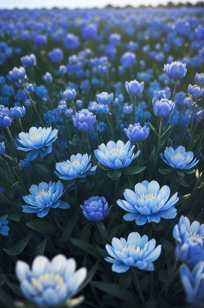 a close up of a bunch of blue flowers in a field, blue flowers bloomed all over, blue flowers, blue flower field, mediumslateblue flowers, lots blue colours, by Anato Finnstark, crown of blue flowers, by Kanō Tan'yū, pale blue eyes!, blue flowers accents, by Shen Che-Tsai