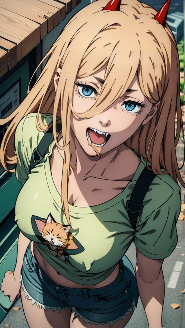 ultra sharp image, beautiful figure, beautiful, full length (full body 1.1.), slender legs, buttocks, slender legs, Wasp waist, erotica, sexy pose, Mouth open in a smile, sharp teeth, laughing, yellow eyes, ultra detailed face, Ultra transparent, Chainsaw Man Energy, Two red sharp horns on the head, ultra sharp image, very beautiful, long hair, blonde, beautiful figure, tight clothes, T-shirt with the image of a cat, denim shorts, shoes, Red crosses and circles instead of pupils, Beautiful body, sexy clothes, Beautiful eyes, very detailed eyes, Very detailed face, Beautiful body, Chereter Design, Very detailed, detailed body, detailed hands, detailed, bright, detailed Face, sharp focus, clap, Artgerm, anime art, bright, detailed Face, Hugh Details, sharp focus, Very downcast face, detailed eyes, Super lovely illustration, best shadow, finely detail, beautiful detail