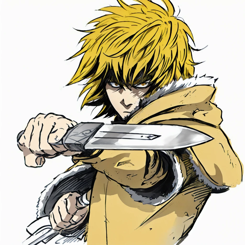 anime character with yellow hair holding a knife in his hand, kentaro miura manga art style, portrait of ninja slayer, key anime art, high quality colored sketch, striking manga artstyle, badass pose, best anime character design, advanced digital anime art ”, ichigo kurosaki, dio brando, genos, shigenori soejima illustration, trigger anime artstyle, thorfinn