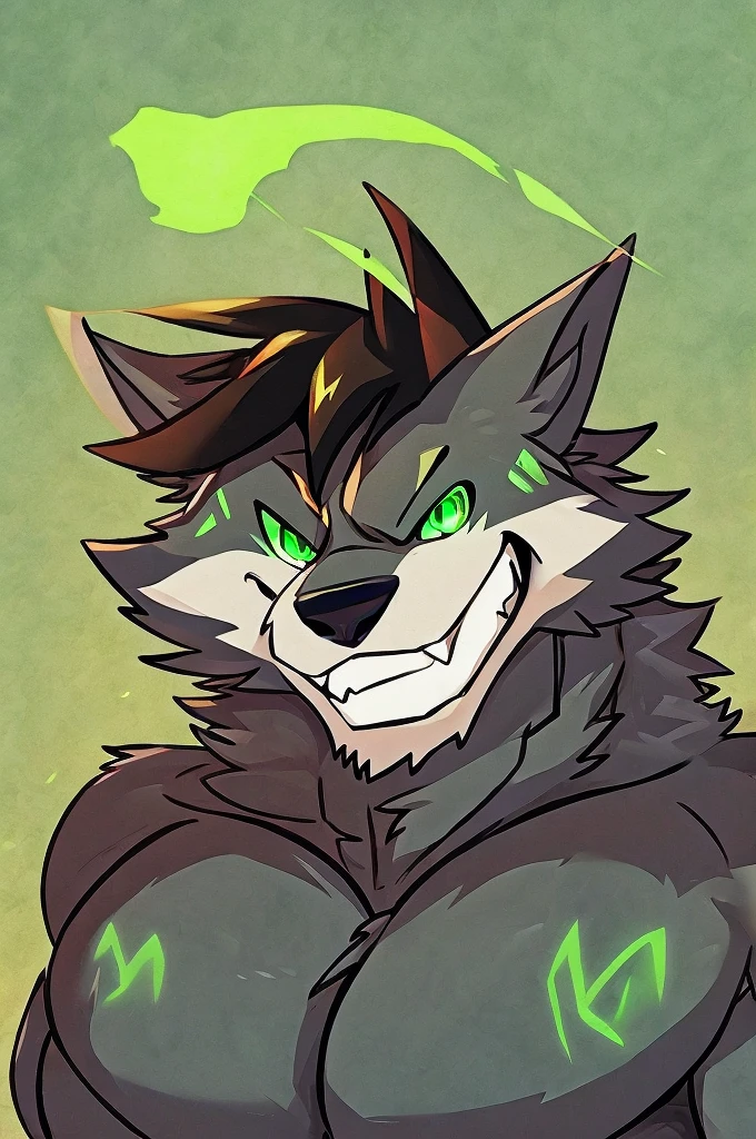 A hulking skull faced wolf creature with black fur, giant pecs, glowing green eyes, bangs, flexing, cheerfully smiling