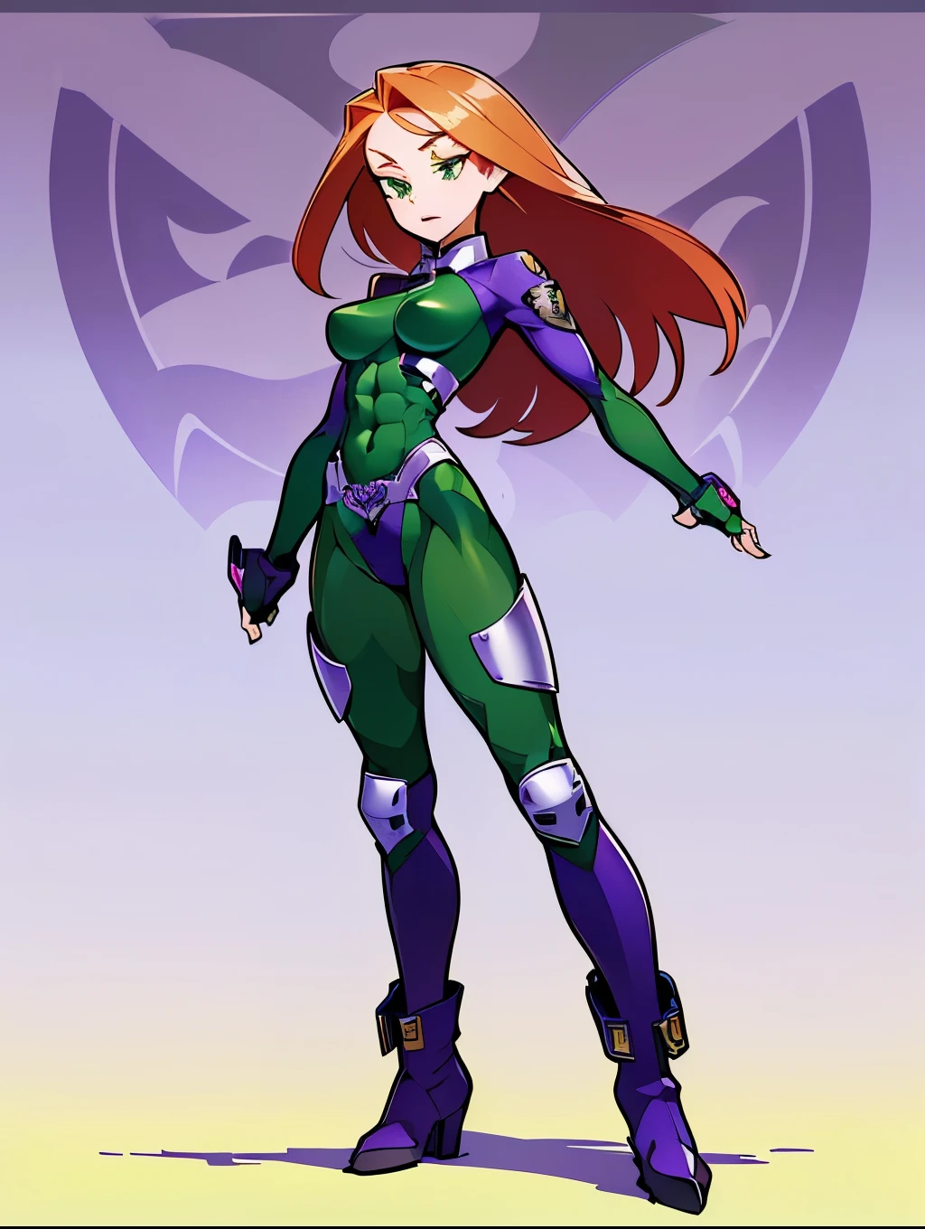 (My Hero Academia Style), ((((Kim Possible)))), ((Cartoon)), ((1girl)), (((Solo))), (((Redhead))), (((long hair))), (((green eyes))), (((purple lips))), (((Green tight-fitting long-sleeved leotard))), (((Green tight-fitting leotard))), (((Long-sleeved tight-fitting leotard))), (((tight-fitting leotard))), (((Bare legs))), (((toned legs))), (((Wide thighs))), (((wide calves))), (((fingerless green gloves))), (((green gloves))), (((fingerless gloves))), (((slightly marked muscles))), (((medium breasts))), (((wide hips))), (((toned waist))), (((toned abdomen))), (((Abs))), (((purple knee-high combat boots with metallic toe))), (((purple knee-high boots))), (((knee-high combat boots with metal toe))), (((purple combat boots with metal toe))), (((purple combat boots))), (((combat boots with metal toe))), (((purple boots))), (((boots combat knee-length))), (((Silver metal knee pads))), (((metal knee pads))), (((silver knee pads))), ((((knee pads)))), (((Full body photo:1.5))), (((perfect anatomy))), (((perfect hands))), (((perfect face))), (((super detailed))), (((cowboy bull:1.5))),