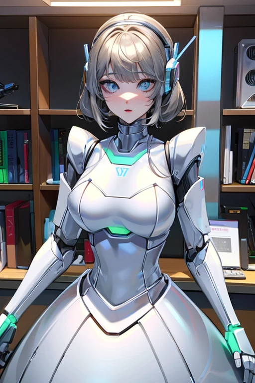 empty eyes,robotized woman ,big bust,Robot Joint ,Metal skin,dress,android,Robot Suit