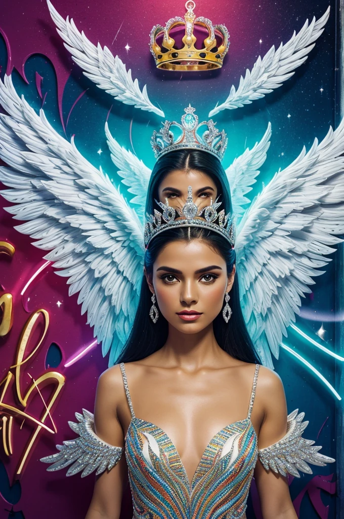 
elegant 3D typography with the name. "cristian" "rojas" with an elegant crown and fine diamonds with flashes of bright colors and angel wings, photo, typography, graffiti, illustration, photo, product, fashion, angel.