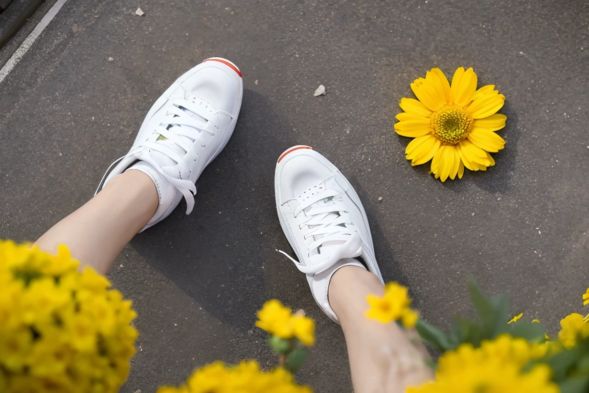 The camera angle points from above to the feet wearing sneakers. Around the feet are many yellow flowers.