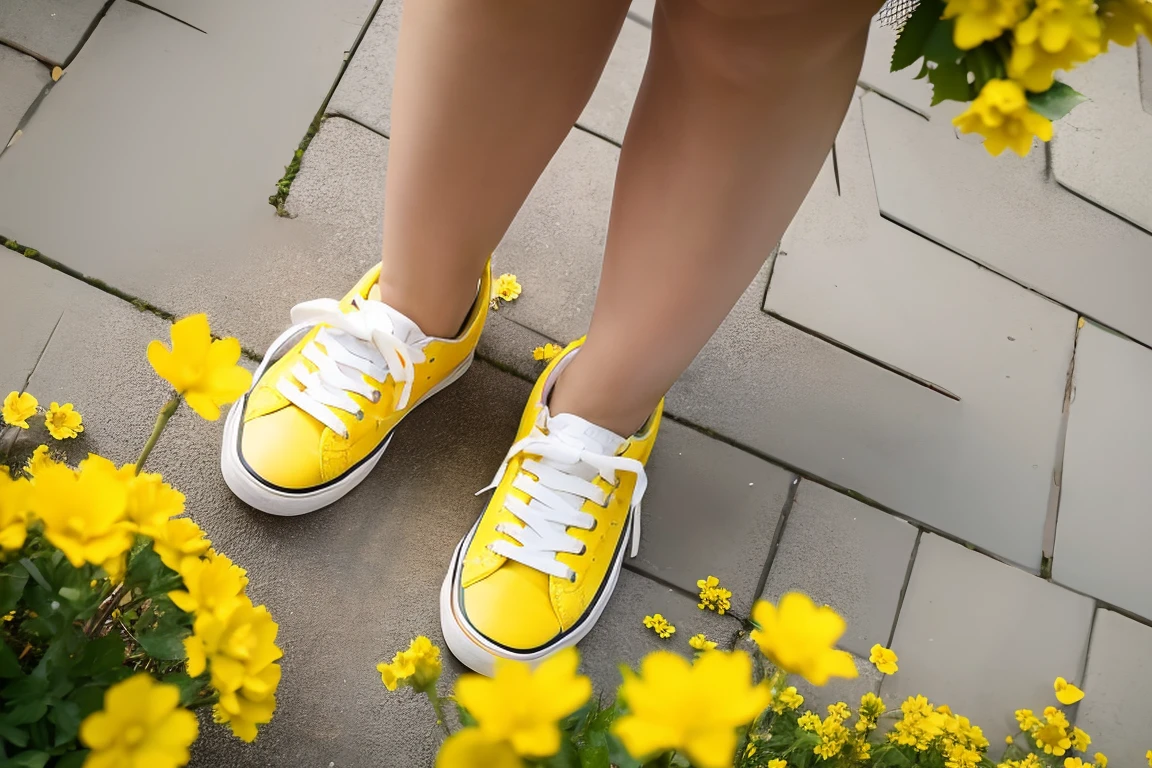 The camera angle points from above to the feet wearing sneakers. Around the feet are many yellow flowers.