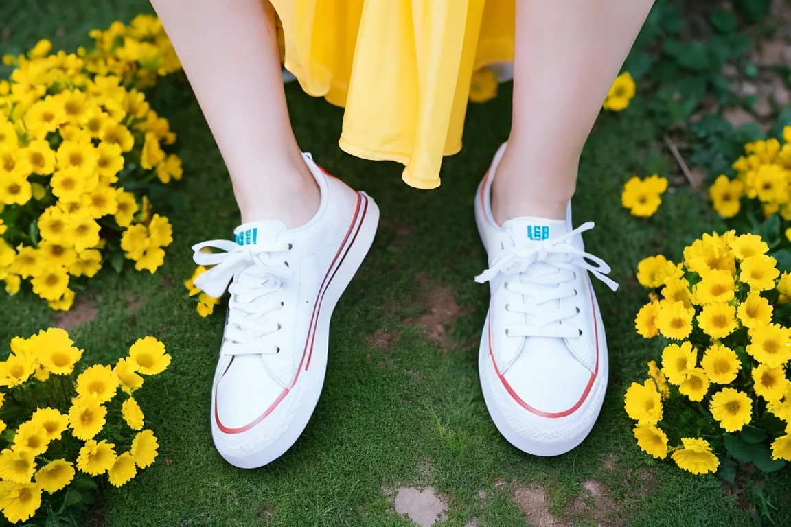 The camera angle points from above to the feet wearing sneakers. Around the feet are many yellow flowers.