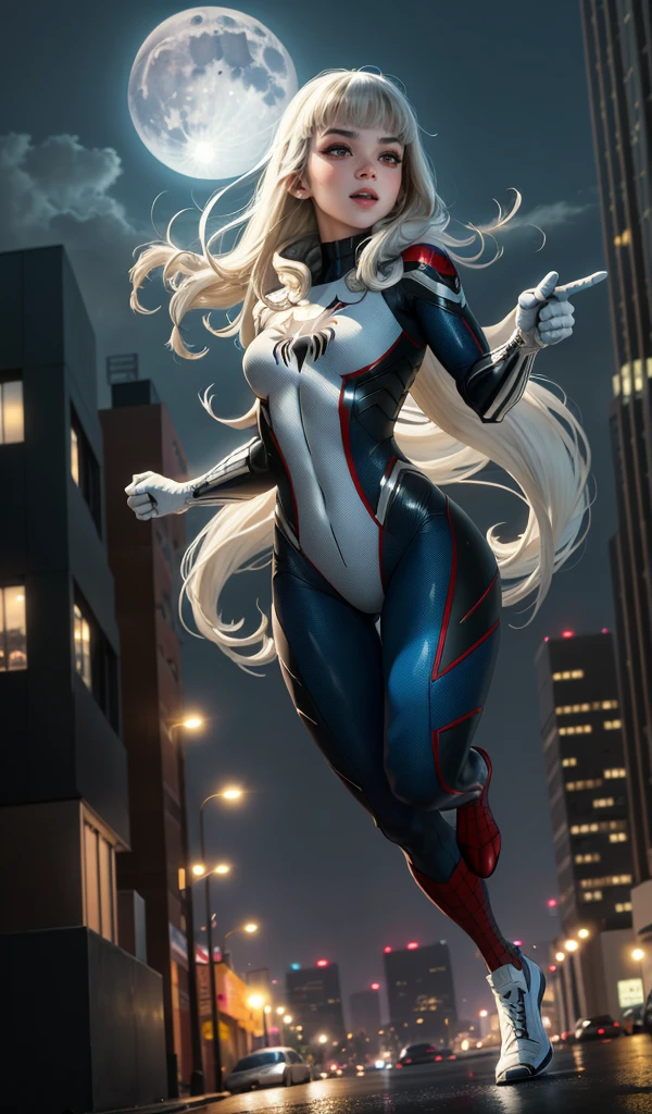 Hailee steinfeld (Masterpiece, 4k resolution, ultra-realistic, very detailed), (White superhero theme, charismatic, there's a girl at the top of town, wearing Spider-Man costume, she's a superhero), [ (25 years), (long white hair:1.2), full body, (blue eyes:1.2), ((Spider-Man pose),show of strength, jumping from one building to another), ((sandy urban environment):0.8)| (cityscape, at night, dynamic lights), (full moon))] # Explanation: The Prompt mainly describes a 4K painting of ultra-high definition, very realistic, very detailed. It shows a superheroine at the top of the city, wearing a Spider-Man costume. The theme in the painting is a white superhero theme, the female protagonist has long white hair, is 25 years old and her entire body is shown in the painting. In terms of portraying the actions of superheroines, spiders are employed