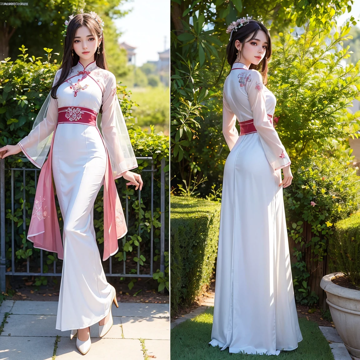 NSFW, (masterpiece, best quality:1.5), ultra detailed, high resolution, 16k, the most beautiful face in the world, perfect face, delicate facial features, highly detailed beautiful face and eyes, shiny skin, highly detailed background, elaborately designed, fine cloth texture, perfect anatomy, BREAK, (gorgeous and stunning teenage girl in ao dai:1.2), perfect make-up, deeply in love, full of elegance, (full body:1.5), (three view drawing, front and back and side, character sheet:1.3)