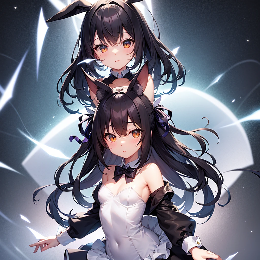 ((Bunny girl)),((Dropped ears)),Cute little ,Tiny ,Small girl,,Childish face, Very fine clean face,Top quality,Black Hair,(Dark Room), Subtle light, Natural light,Soft lighting,Light from directly behind, (Are standing),With bust up,Front view,Black background