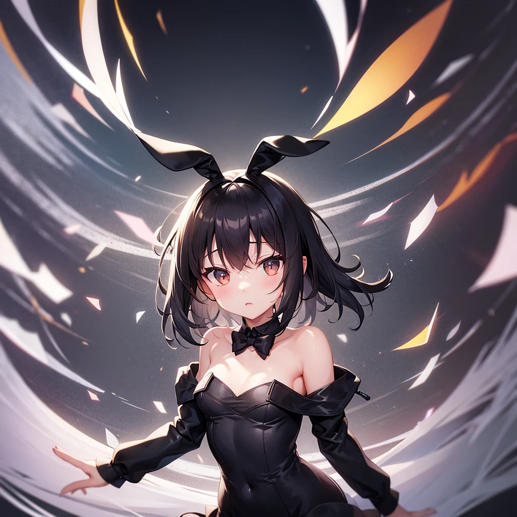 (Bunny girl),Dropped ears,Cute little ,Tiny ,Small girl,,Childish face, Very fine clean face,Top quality,Black Hair,(Dark Room), Subtle light, Natural light,Soft lighting,Light from directly behind, (Are standing),With bust up,Front view,Black background