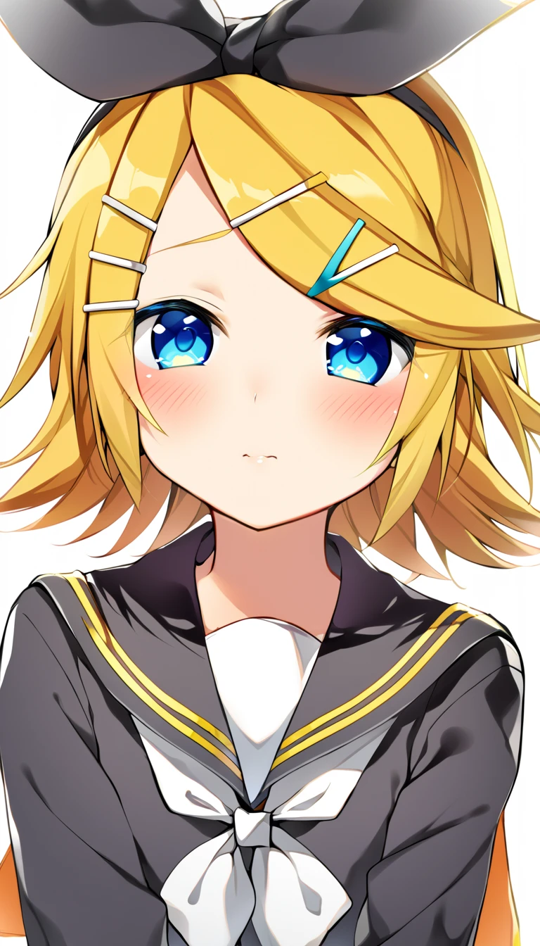 one girl, Kagamine Rin, Vocaloid, blue eyes, simple background, sailor collar, black sleeve, hair clip, hair bow, fourteen years old, blush