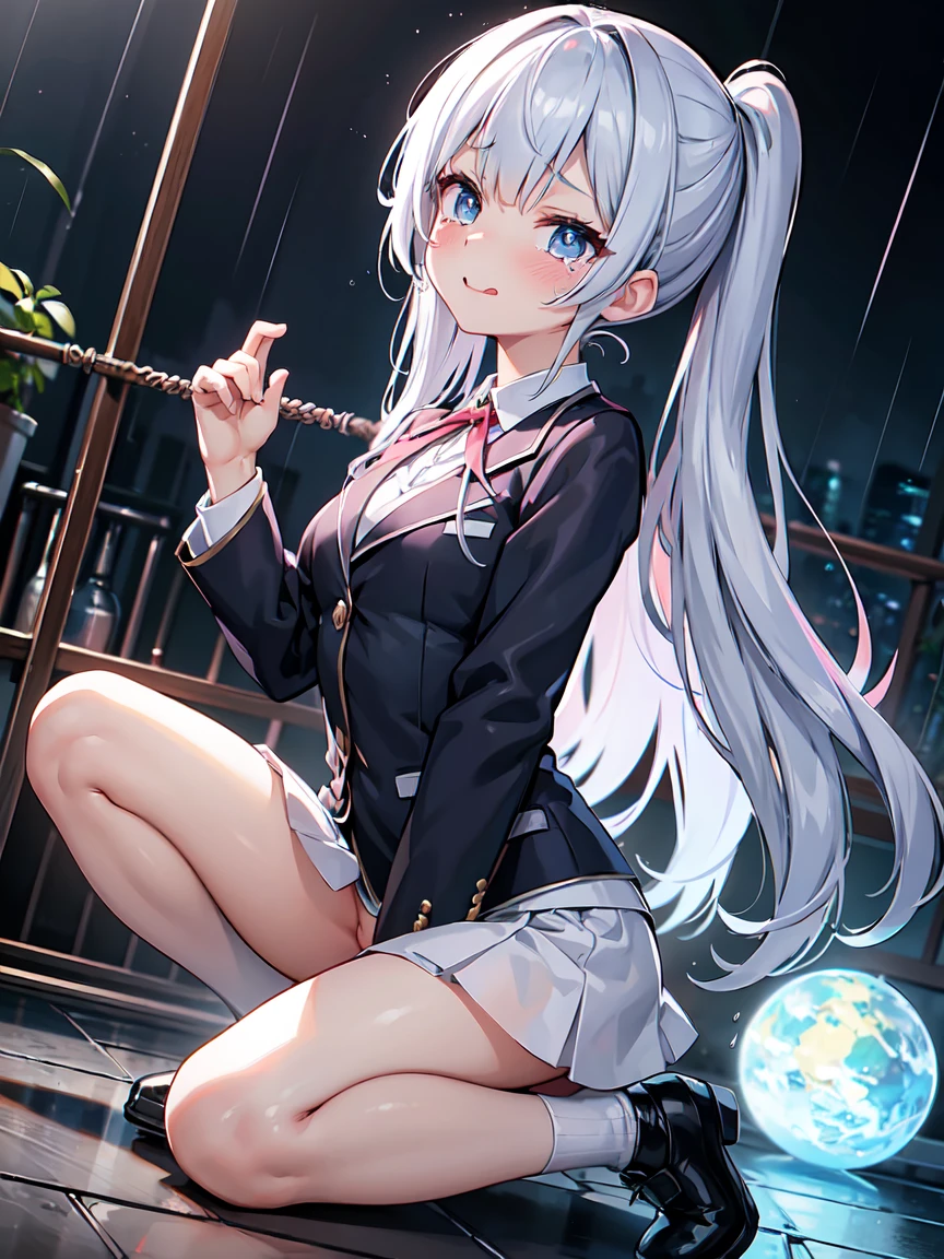 Masterpiece, Top Quality, High Definition, Hi-Res, One Girl, Solo, Angle from Below, Skirt, Shirt, Blue Eyes, Sheer Shirt, Unbuttoned Shirt, Unbuttoned, Fluffy, Cleavage,Protruding Nipples, Hard, White Hair, Pleated Skirt, Socks, Black Skirt, Long Hair, Long Sleeve, Bangs, Black Socks, Pubic Hair,Pubic Hair Visible,Dress Shirt, Troubled Look,Blush, Sweaty, Drenched, Sheer view, Sheer clothing, Wind-blown skirt, Lift up skirt, Crotch line, Hip line, White underwear, Panty shots, Beautiful leg line, Drops running down your legs, Drenched lower body, Wet waist, Excessive crotch droplets, Three-dimensional feeling of body parts, Exposed underwear, Realistic skin texture, Focused on feet, Kneeling, Knee spread, Bright room, Finger shift panties position, Lighting from below, Bitten panties --auto --s2