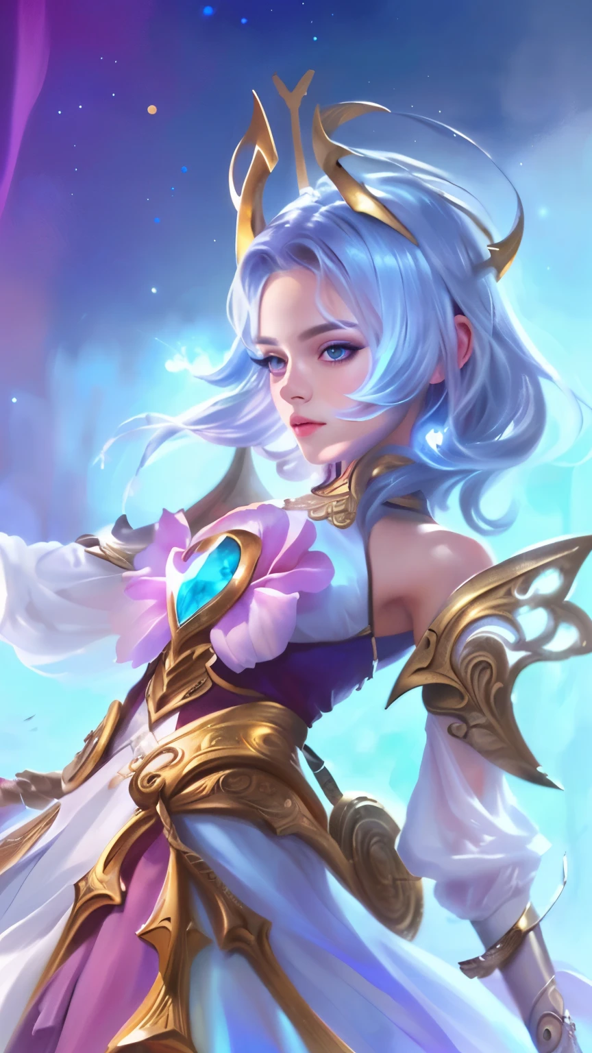 a young girl in a white dress holding a sword, beautiful detailed eyes, beautiful detailed lips, extremely detailed face and eyes, long eyelashes, elegant pose, intricate details, dramatic lighting, fantasy, knights of zodiac, star guardian inspired, highly detailed, 4k, photorealistic, vivid colors, dramatic lighting, fantasy art, digital painting