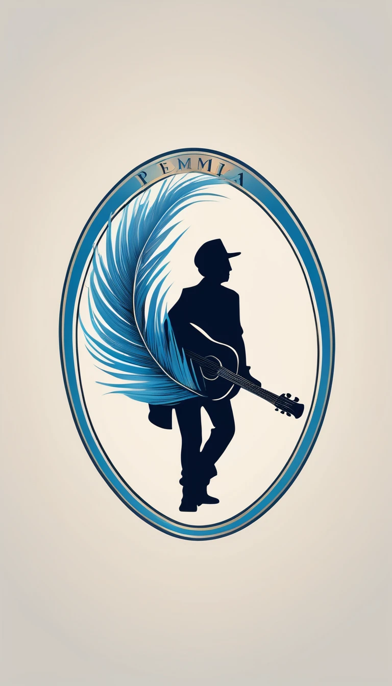 A minimal, modern, simple, cinematic logo design for the brand “Penamemoria". The logo design must be a simple, silhouette of a boy, standing up, playing acoustic guitar and fantasy feather by his side. The logo must convey a sense of music, stories, memories and dreams. Logo design impressed on a book cover. Minimalistic logo. Light blue, soft white and light golden as colors for the logo design