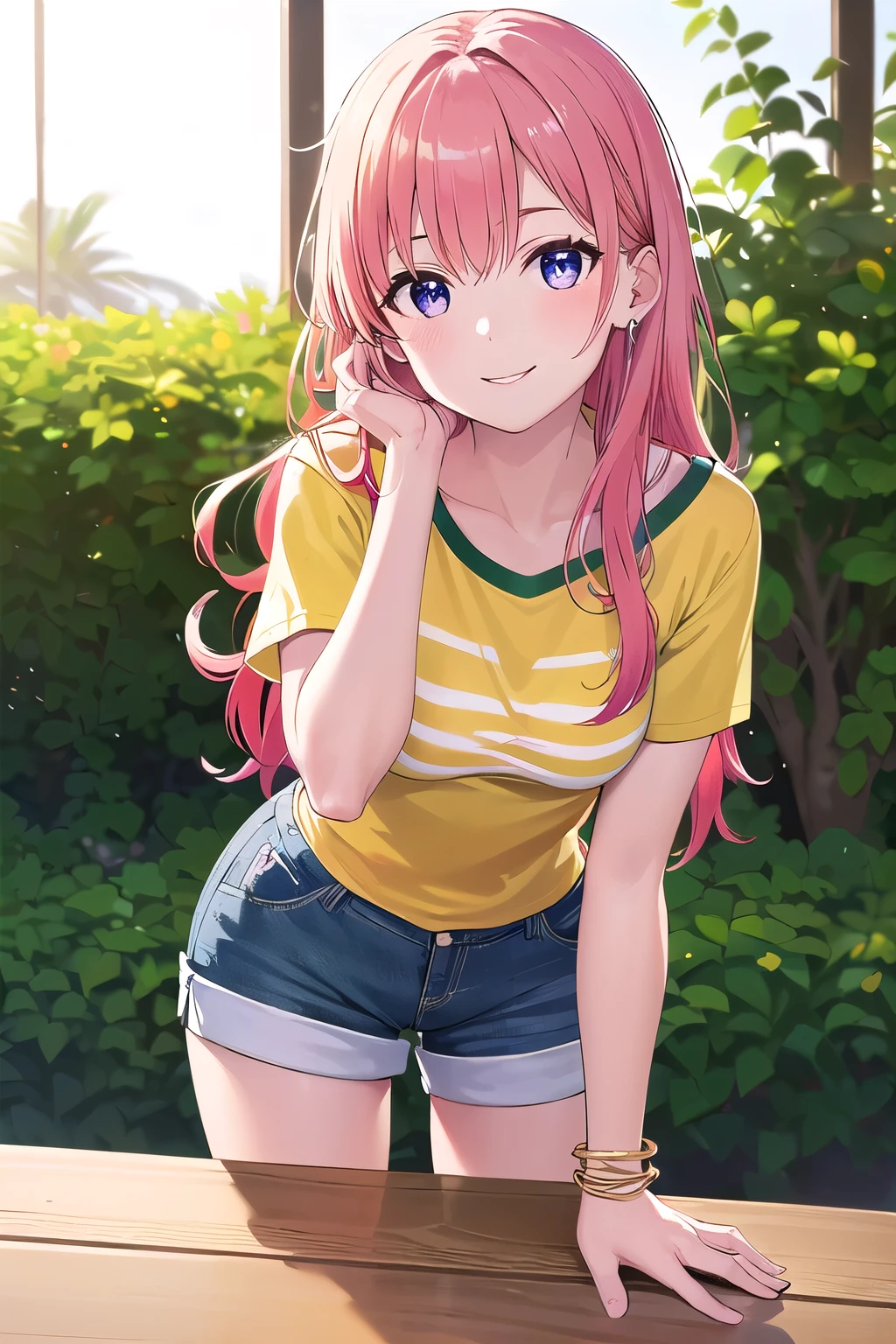 (8K, top-quality, masterpiece:1.2), (reallistic, Photorealsitic:1.37), Super Detail, One girl,), (Highly detailed), (beautifully detailed eyes), (of the highest quality), (super detailed ), (masterpiece), (Detailed face),20yr old, ,1 girl, ((pink hair,long hair)), medium breasts, clothed, Perfect Lighting, BREAK, (bright lemon yellow t-shirt:1.3), (small floral print:1.1), (striped linen shorts:1.2), (lightweight cotton fabric:1.1), (rolled-up sleeves:1.1), (cuffed hems:1.1), (white ankle socks:1.1), (white sneakers:1.1), (delicate floral earrings:1.1), (thin gold bracelet:1.1), BRAKE, (upper body to thighs:1.1), (long pink hair:1.1), (waves:1.1), (smiling:1.1), (facing forward:1.1), (looking slightly away:1.1), (hands on head:1.1), (one foot forward:1.1), (summer park:1.1), (soft lighting:1.1), BRAKE