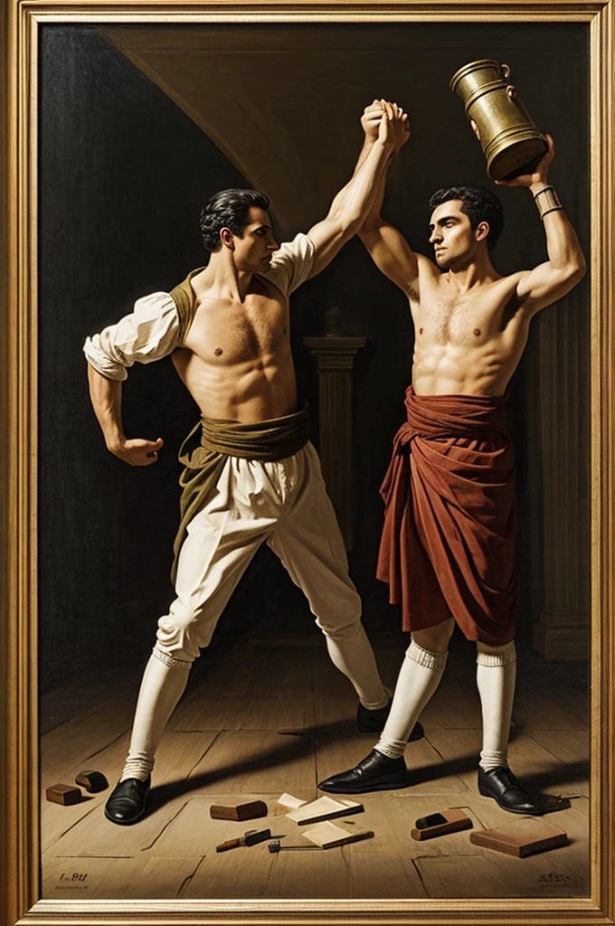 Image of two men from the time of independence fighting and a vase broken in half