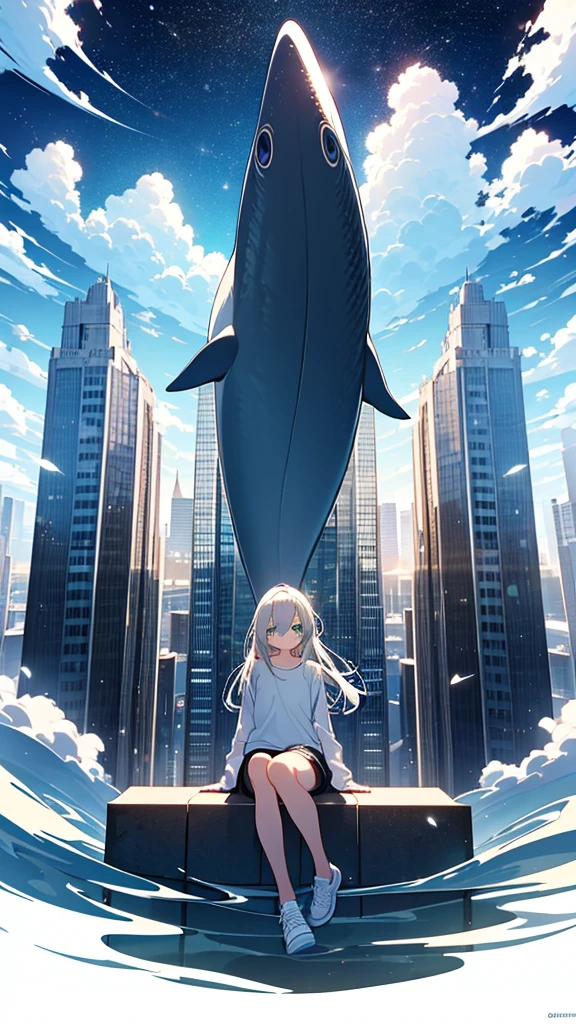 masterpiece, Exquisite detail,Highest quality, One girl, alone, handrail, cloud, Looking up at the buildings,Long Hair, zero, Long sleeve, Power lines, White footwear, Black Hair, View your viewers, Electric pole, bangs, cloudy zero, fish, bird, Green Eyes, Shorts, Day, Black Shirt, barefoot,Whale flying in the sky,Giant whale,night,Star,milky way,night,Pitch black,Buildings,Sitting,bright,noon,sun,Shine