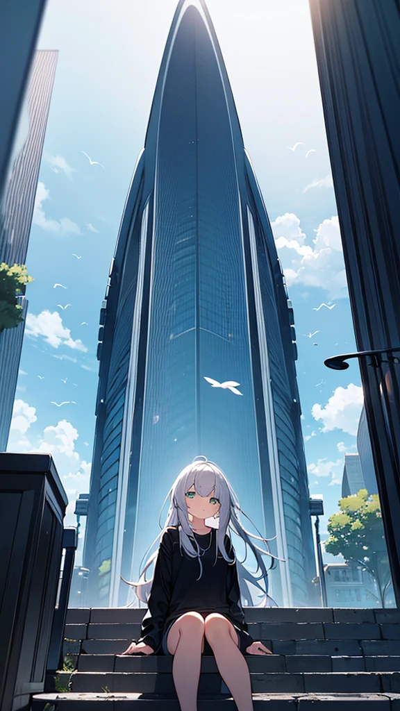 masterpiece, Exquisite detail,Highest quality, One girl, alone, handrail, cloud, Looking up at the buildings,Long Hair, zero, Long sleeve, Power lines, White footwear, Black Hair, View your viewers, Electric pole, bangs, cloudy zero, fish, bird, Green Eyes, Shorts, Day, Black Shirt, barefoot,Whale flying in the sky,Giant whale,night,Star,milky way,night,Pitch black,Buildings,Sitting,bright,noon,sun,Shine