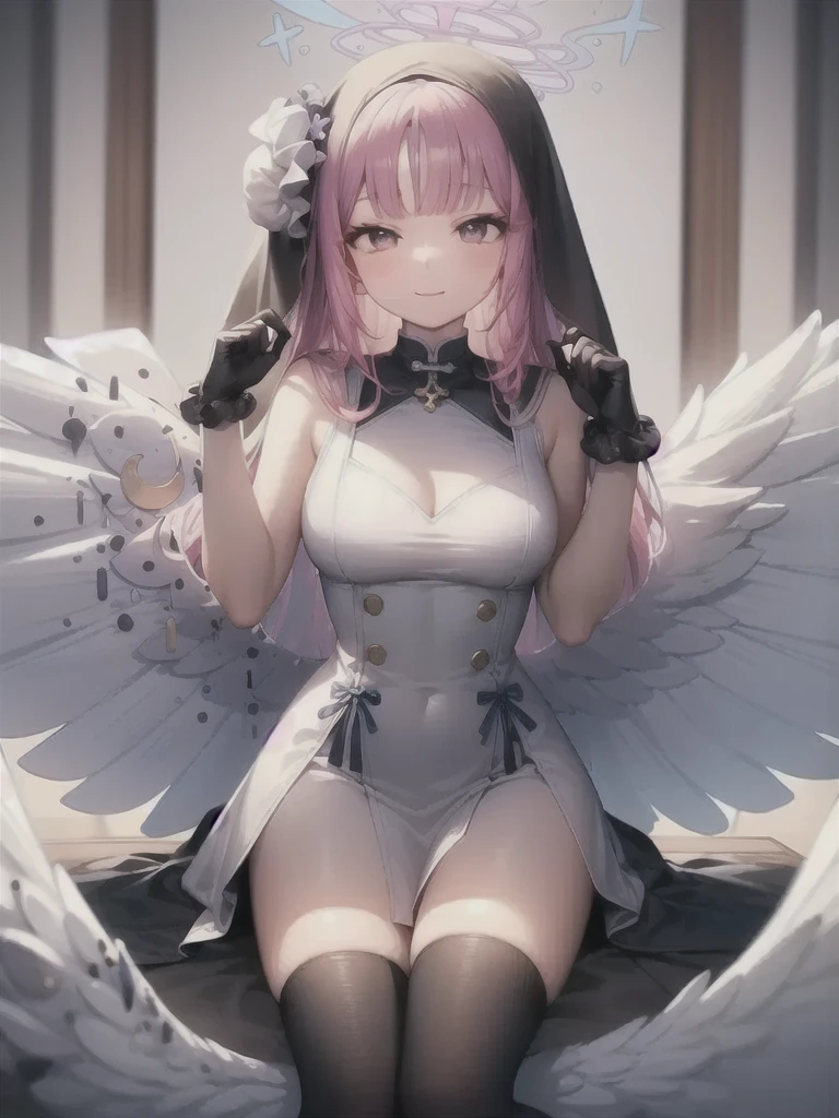 A girl，Long hair, Bangs, Pink hair, Hair between the eyes, s eyes:（1.5),  (Medium breasts:1.2), 
rest  锁骨, Wedding dress，veil，wedding，Black dress，Flowers，The skirt is broken，Black socks，Black knee socks，Black gloves，boots，Cleavage，
Looking at the audience, whole body,
indoors, church，permanent，permanent，Smile，With eyes closed，With eyes closed，
rest (masterpiece:1.2), best quality, high resolution,  8k wallpaper, (illustration:0.8), (美丽细致s eyes:1.6), Extremely detailed face, Perfect lighting, Extremely detailed CG, (Perfect hands, Perfect anatomical structure),