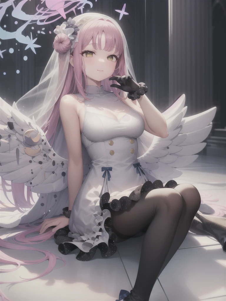 A girl，Long hair, Bangs, Pink hair, Hair between the eyes, s eyes:（1.5),  (Medium breasts:1.2), 
rest  锁骨, Wedding dress，veil，wedding，Black dress，Flowers，The skirt is broken，Black socks，Black knee socks，Black gloves，boots，Cleavage，
Looking at the audience, whole body,
indoors, church，permanent，permanent，Smile，With eyes closed，With eyes closed，
rest (masterpiece:1.2), best quality, high resolution,  8k wallpaper, (illustration:0.8), (美丽细致s eyes:1.6), Extremely detailed face, Perfect lighting, Extremely detailed CG, (Perfect hands, Perfect anatomical structure),