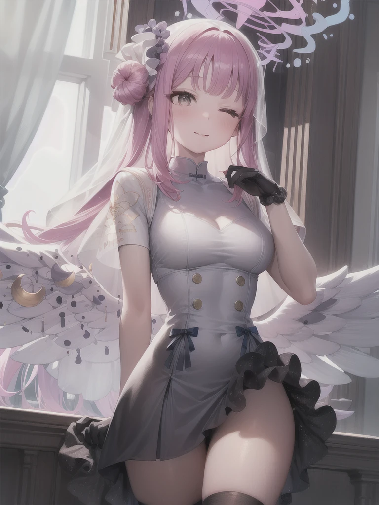 A girl，Long hair, Bangs, Pink hair, Hair between the eyes, s eyes:（1.5),  (Medium breasts:1.2), 
rest  锁骨, Wedding dress，veil，wedding，Black dress，Flowers，The skirt is broken，Black socks，Black knee socks，Black gloves，boots，Cleavage，
Looking at the audience, whole body,
indoors, church，permanent，permanent，Smile，With eyes closed，With eyes closed，
rest (masterpiece:1.2), best quality, high resolution,  8k wallpaper, (illustration:0.8), (美丽细致s eyes:1.6), Extremely detailed face, Perfect lighting, Extremely detailed CG, (Perfect hands, Perfect anatomical structure),