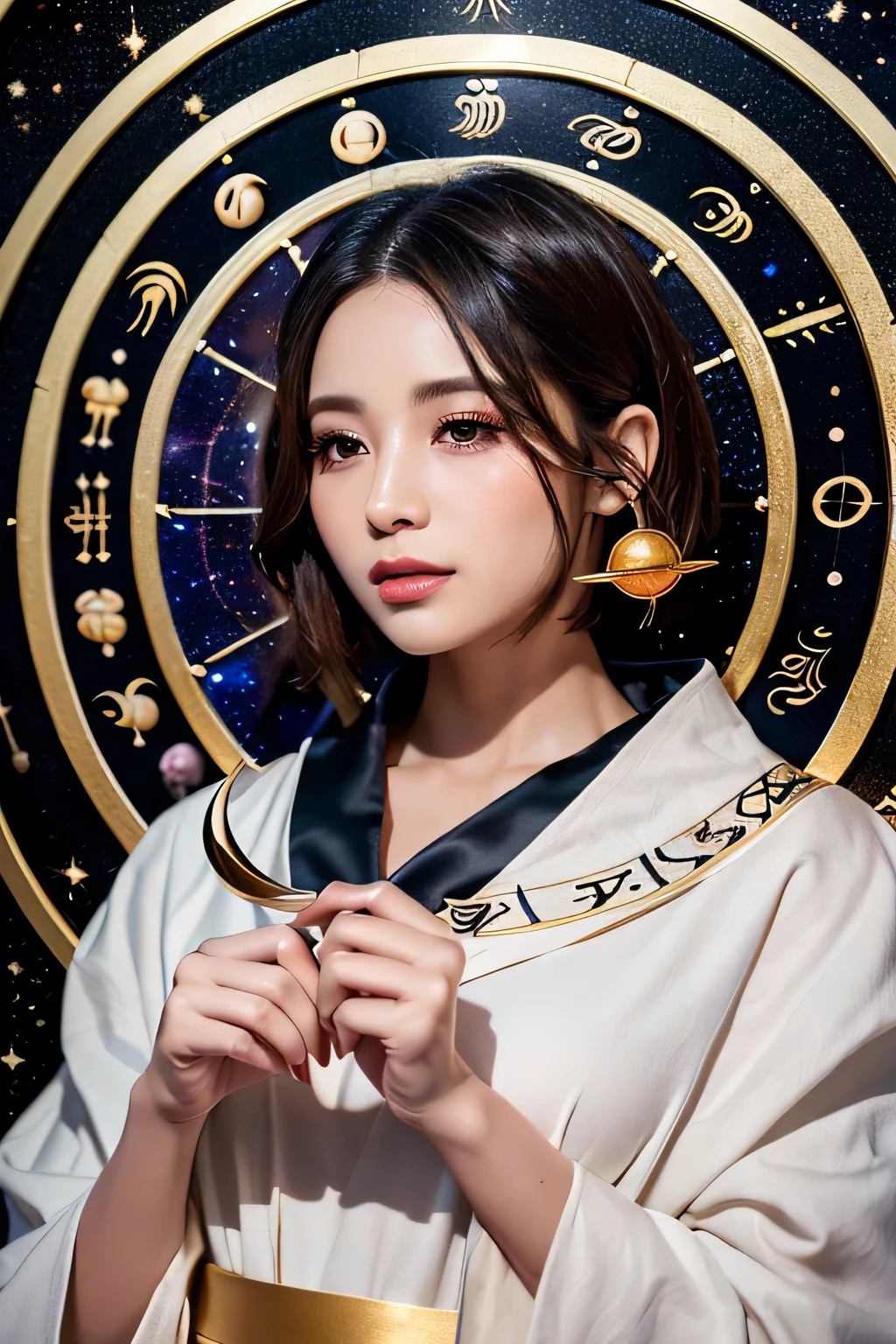 (Best Quality,4K,8K,hight resolution,masutepiece:1.2),Ultra-detailed,Realistic,Extremely detailed, Colorful tones,((Astrologer:1.4)),(short cut hair:1.4),Robe,Gown,cloth to cover the mouth:1.4,
Fortune Teller:1.5