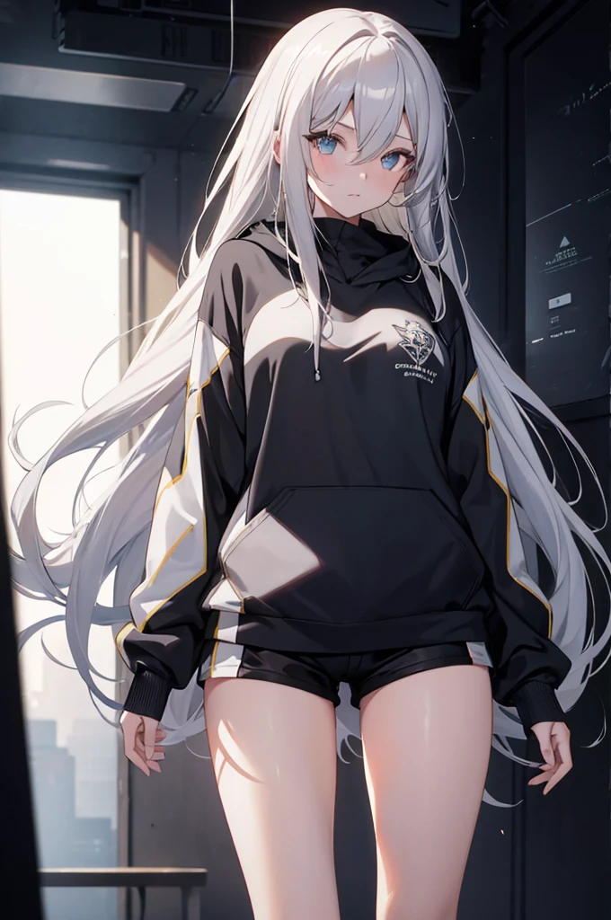 , Concept Art, white Background, simple Background, White hair, Silver gradient hair , Composite cloth, Virtual YouTuber, best quality, masterpiece, Dynamic Angle, , cowboy_shooting, Watching_Back, grab, girl,Miss,woman, young,20 years old, , Hair Flip, Silver Hair, Flowing hair, Ahog, giggle, Beautiful and delicate golden eyes, teeth, Large Breasts, Blonde eyes, White skin, hoodie, Black_shorts, Gray clothes, transparent_Background, Backlighting, absurd, high resolution, Extremely detailed,sweater,