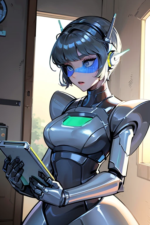 empty eyes,robotized woman ,big bust,Robot Joint ,Metal skin,dress,android,Robot Suit