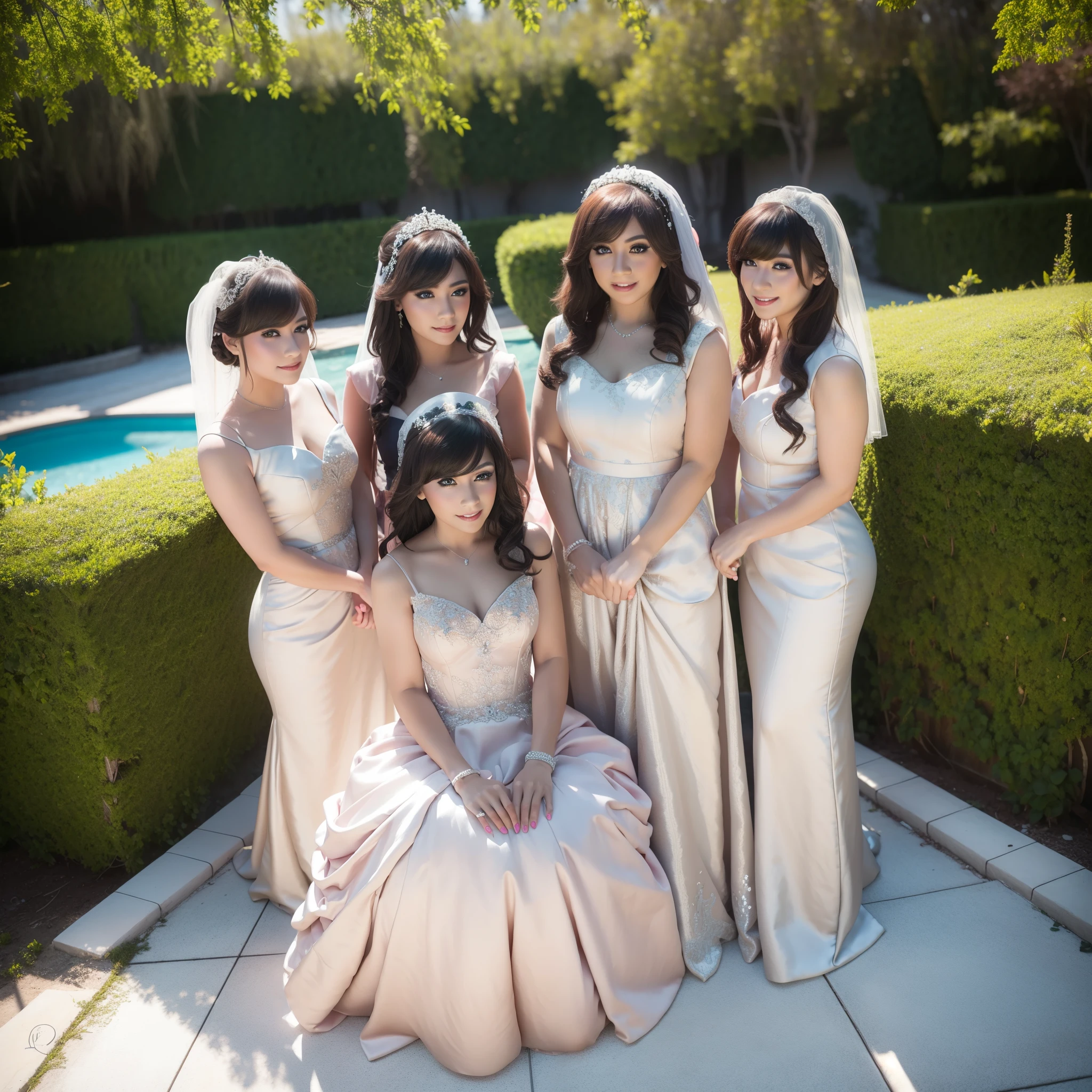 4 women Line up in a seductive mini dresses and tight g-strings, Take a photo together, beautiful detailed eyes,beautiful detailed lips,extremely detailed eyes and face,longeyelashes,smiling,high heels,bangs,outdoor garden,bride and groom,wedding venue,best quality,4k,8k,highres,masterpiece:1.2,ultra-detailed,realistic,photorealistic,photo-realistic:1.37,HDR,UHD,studio lighting,ultra-fine painting,sharp focus,physically-based rendering,extreme detail description,professional,vivid colors,bokeh,portraits