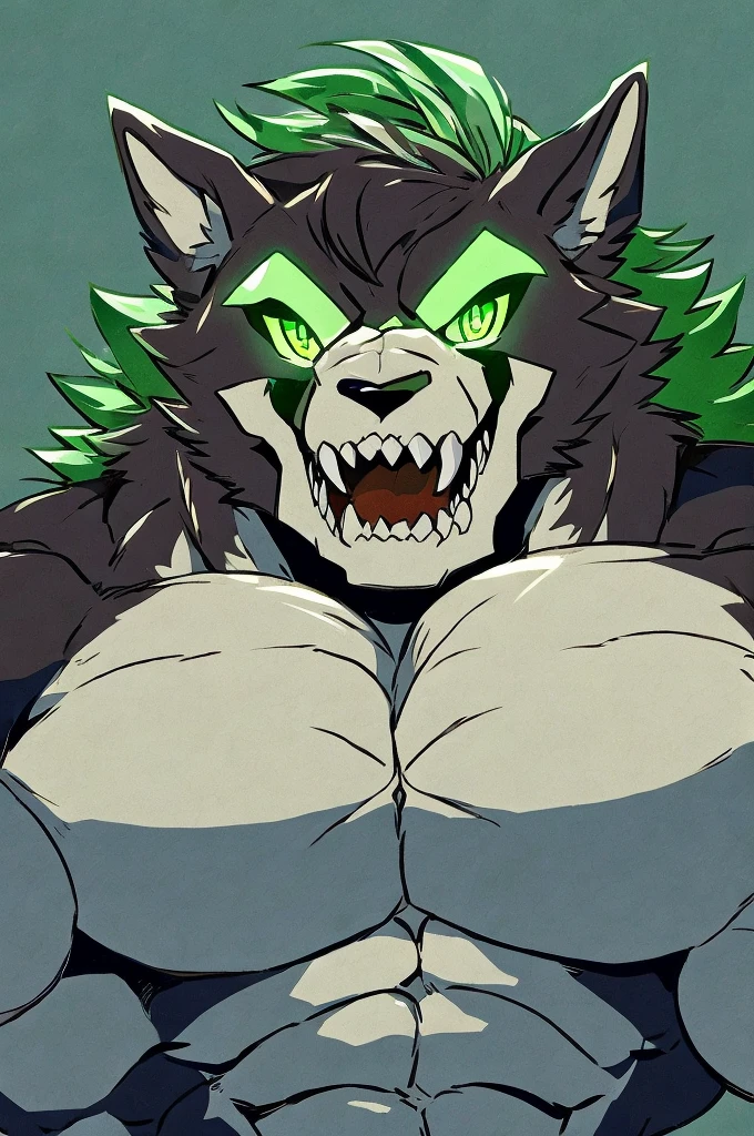 A hulking skull faced wolf creature with black fur, giant pecs, glowing green eyes, bangs, flexing, cheerfully smiling