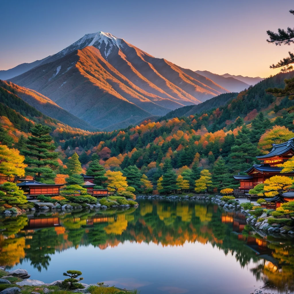 Deep mountain pond Japan Dusk Shining gold Realistic Detailed Beautiful scenery Small pond