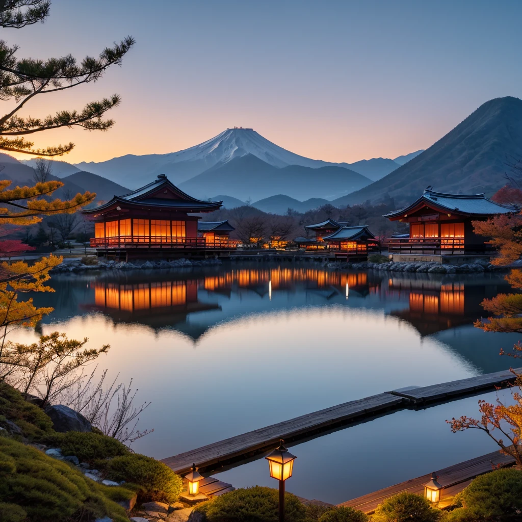 Deep mountain pond Japan Dusk Shining gold Realistic Detailed Beautiful scenery Small pond