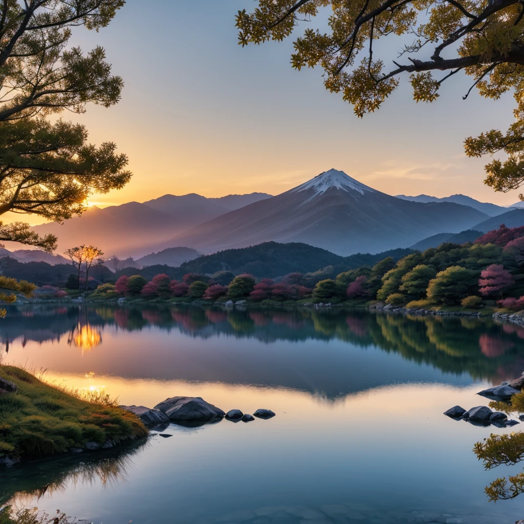 Deep mountain pond Japan Dusk Shining gold Realistic Detailed Beautiful scenery Small pond