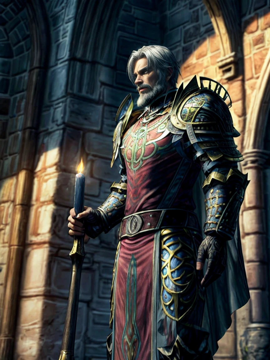 Draego, a medieval knight in shining armor, standing in front of an altar in a large cathedral, dramatic backdrop, high contrast, wide angle lens, vibrant colors, serene, detailed intricate armor, flowing cape, determined facial expression, sunlight streaming through stained glass windows, ornate altar with candles, dramatic shadows, cinematic composition, photorealistic, 8k, hyper detailed, masterpiece
