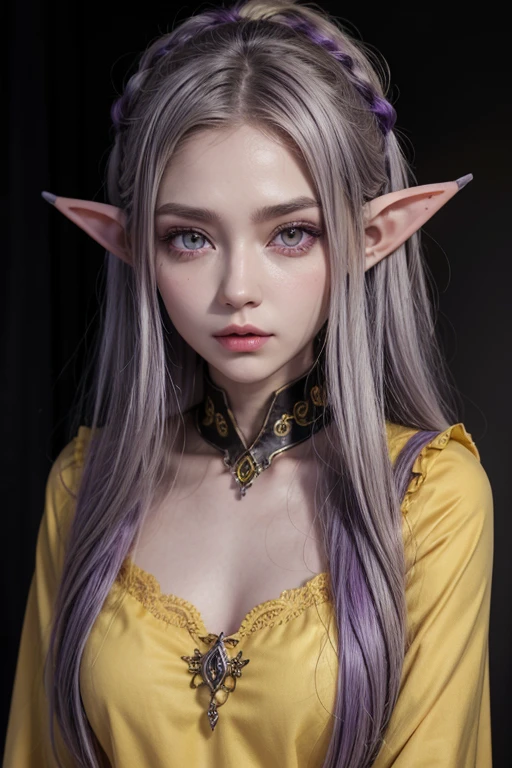 Female elf, grayish purple skin, yellow eyes and purple esclera, sorecerer outifit with purple, orange and yellow colors
