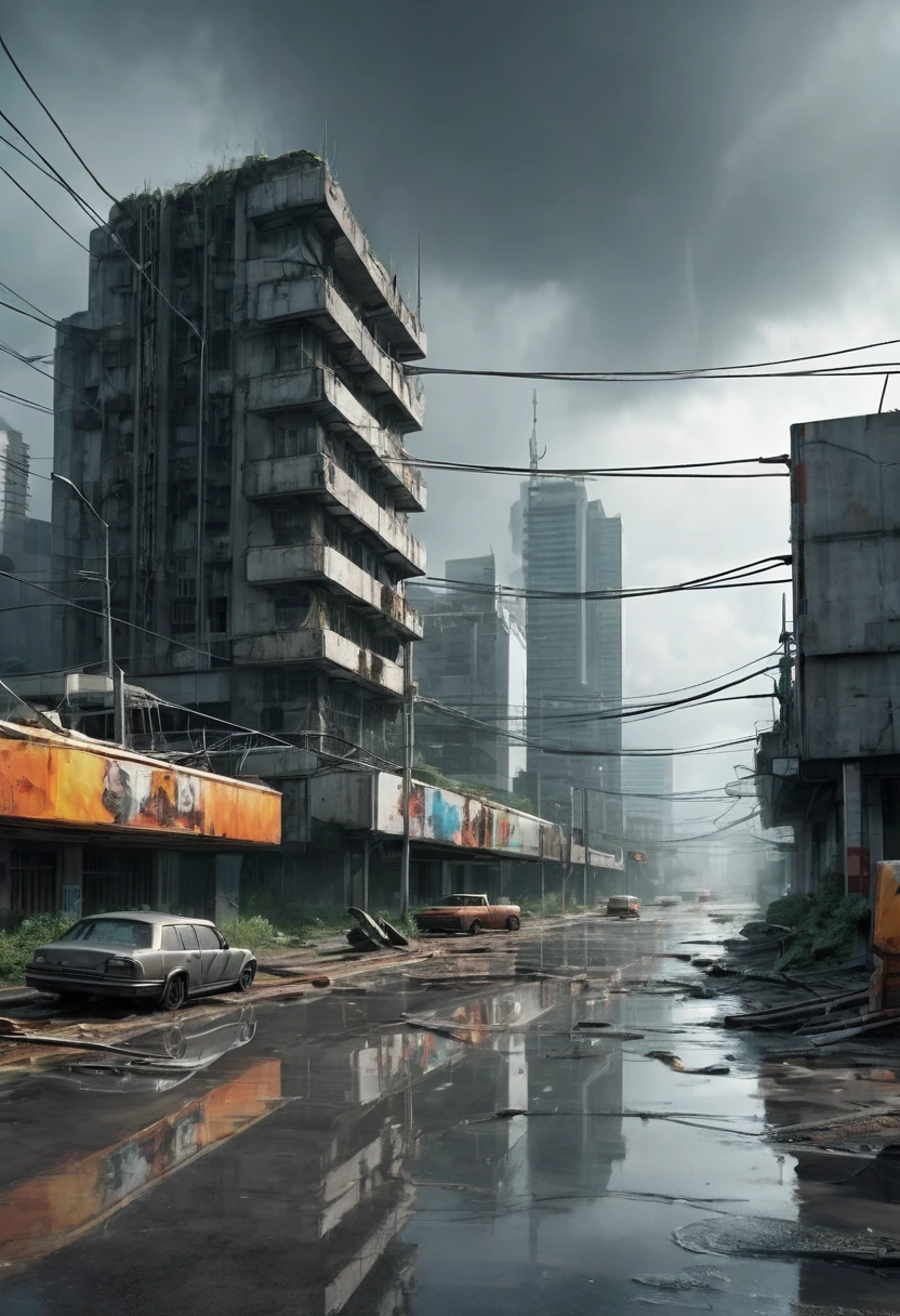Image of the center of an ultra futuristic modern abandoned city with rusty and dirty abandoned crashed rusty cars and buses standing on a dirty modern round and circular gray concrete overpass in ruins, cyberpunk style, gray environment, image with shades of gray, rain and puddles of water on the ground, Science fiction, top view from a height of 30 meters, apocalipse nuclear, urban scenery with poles with traffic lights and wires of fallen poles, there is a rusty chain link fence around the buildings, There are billboards that have been erased and fallen from buildings, many buildings on the horizon, there is a collapsed building, as realistic as possible, high qualiy, 4K, hyper detailled