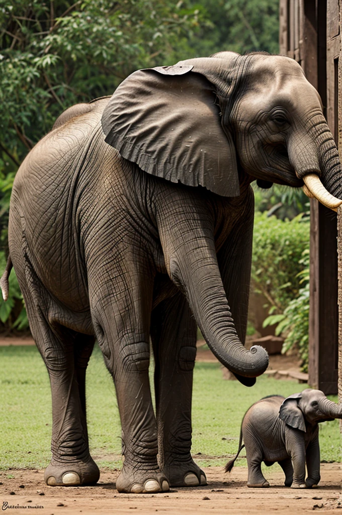 Indian garden one elephant,one baby elephant playing and an ant at the bottom corner
