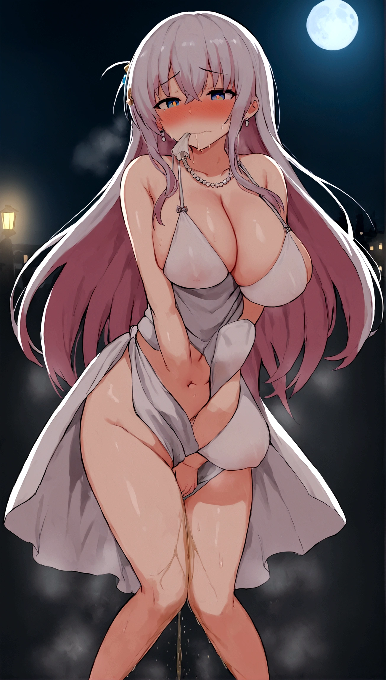 Anime. 1 Girl. Cute girl. Goddess. Goddess of dreams and dreams. Clumsy goddess. Silver-pearl hair. Long hair. Rainbow eyes. Beautiful eyes. Perfect eyes. Expressive eyes. Blind eyes. Blind. Ideal face. Ideal anatomical body. Beautiful long legs. Beautiful body. Beautiful nose. 20 years. Big breasts. The chest is covered by the neckline of the dress. Beautiful character design. Shiny skin. Luxurious dress. Silk dress with a large neckline. Evening Dress. White dress. Hair ornaments. Pearl necklace. Earrings. No panties. Shoes. Cold. Nose. Nasal mucus. Snot. Handkerchief. Blow your nose into a nasal flap. Wipes his nose with a handkerchief. She wants to sneeze. She needs to sneeze. She has a strong, desperate urge to sneeze. She sneezes. She sneezes, covering her nose with her hands. She sneezes in
handkerchief. Hand on crotch. He squeezes his crotch tightly. Rubs the crotch. Legs together and feet apart. Urinary incontinence. She wants to pee. She needs to pee. She has a strong, desperate urge to pee. She peed herself. The girl can't stand straight. She peed herself while standing during a date at night. Middle Ages. Fantasy. City. Street. Night. Full moon. Snot flows from the nose. Date at night. Whole body. nsfw. Official art. Extremely detailed CG Unity 8k wallpaper. Ideal lighting. Ultra high resolution 4K. Super detailed 8K. A high resolution.