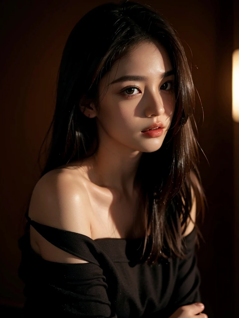 Highest quality、masterpiece、Ultra-high resolution、(Realistic:1.4)、1 girl、Off the shoulder、In the Dark、Deep Shadow、Low Key
