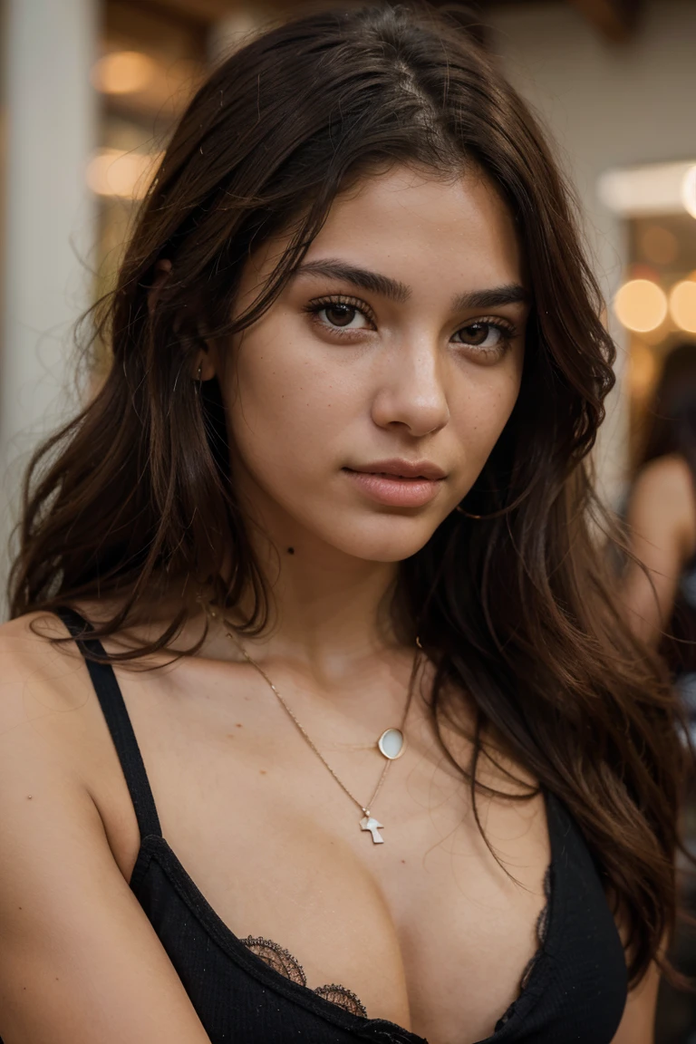 Gritty candid raw portrait, close-up photo of a beautiful 20-year-old with mixed Turkish and Spanish heritage, expressive brown eyes, full lips, high cheekbones, long wavy dark brown hair, realistic skin texture, athletic and fit, modern bohemian style with digital fabrication jewelry, shot with a Canon EOS R5 1.8f, bokeh, highly detailed, masterpiece