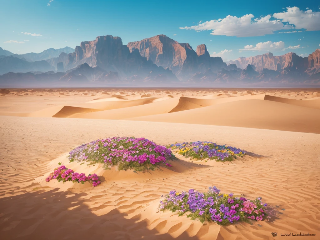 flowers growing in the sand of a desert with mountains in the background, desert flowers, in the desert beside the gulf, incredibly beautiful, unbelievably beautiful, harmony of desert, serene desert setting, beautiful setting, desert colors, by Louis Schanker, beautiful flowers, beautiful scene, beautiful flowers growing, beautiful! coherent!, in a serene vast desert, amazing beauty