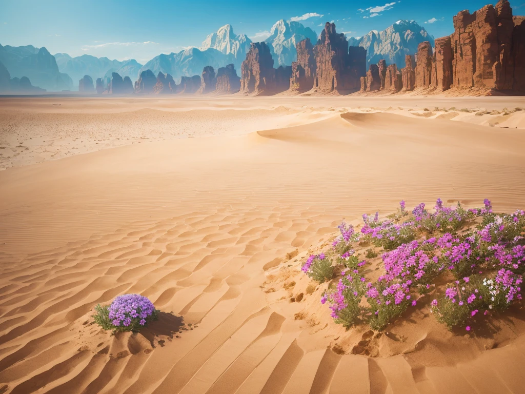 flowers growing in the sand of a desert with mountains in the background, desert flowers, in the desert beside the gulf, incredibly beautiful, unbelievably beautiful, harmony of desert, serene desert setting, beautiful setting, desert colors, by Louis Schanker, beautiful flowers, beautiful scene, beautiful flowers growing, beautiful! coherent!, in a serene vast desert, amazing beauty