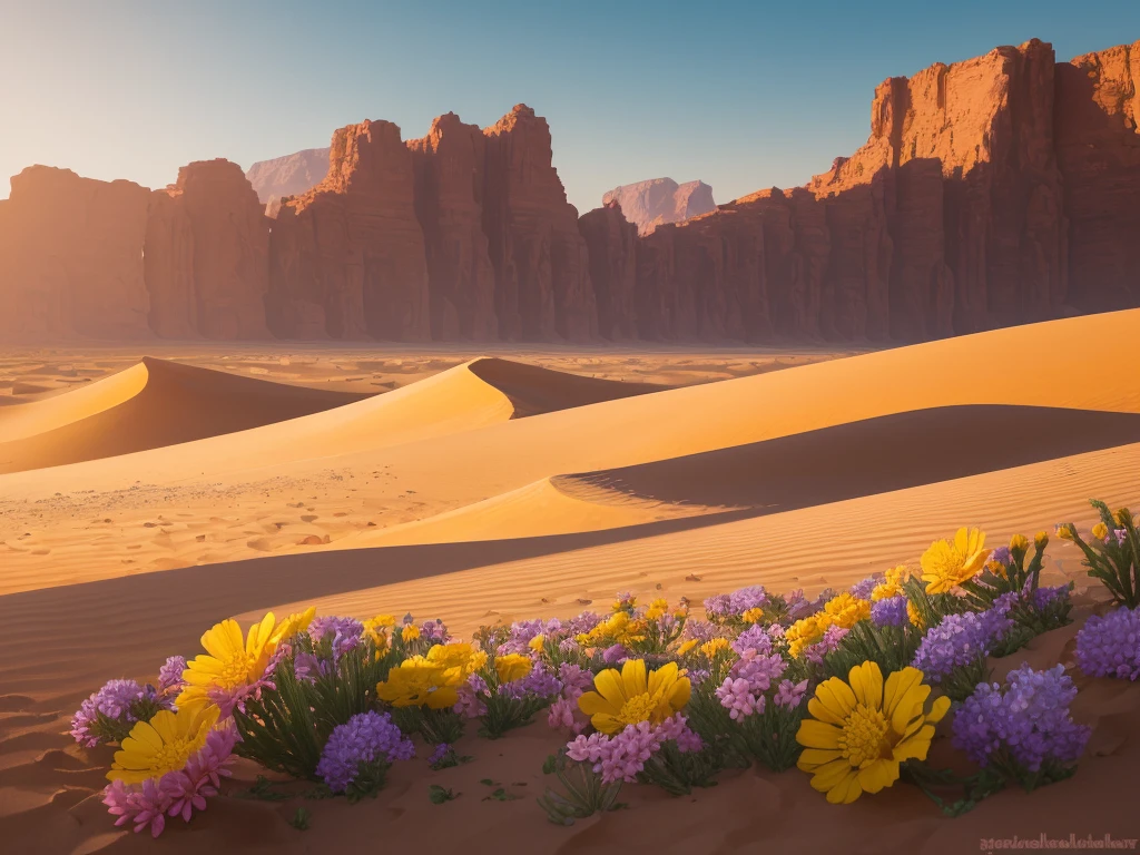 flowers growing in the sand of a desert with mountains in the background, desert flowers, in the desert beside the gulf, incredibly beautiful, unbelievably beautiful, harmony of desert, serene desert setting, beautiful setting, desert colors, by Louis Schanker, beautiful flowers, beautiful scene, beautiful flowers growing, beautiful! coherent!, in a serene vast desert, amazing beauty
