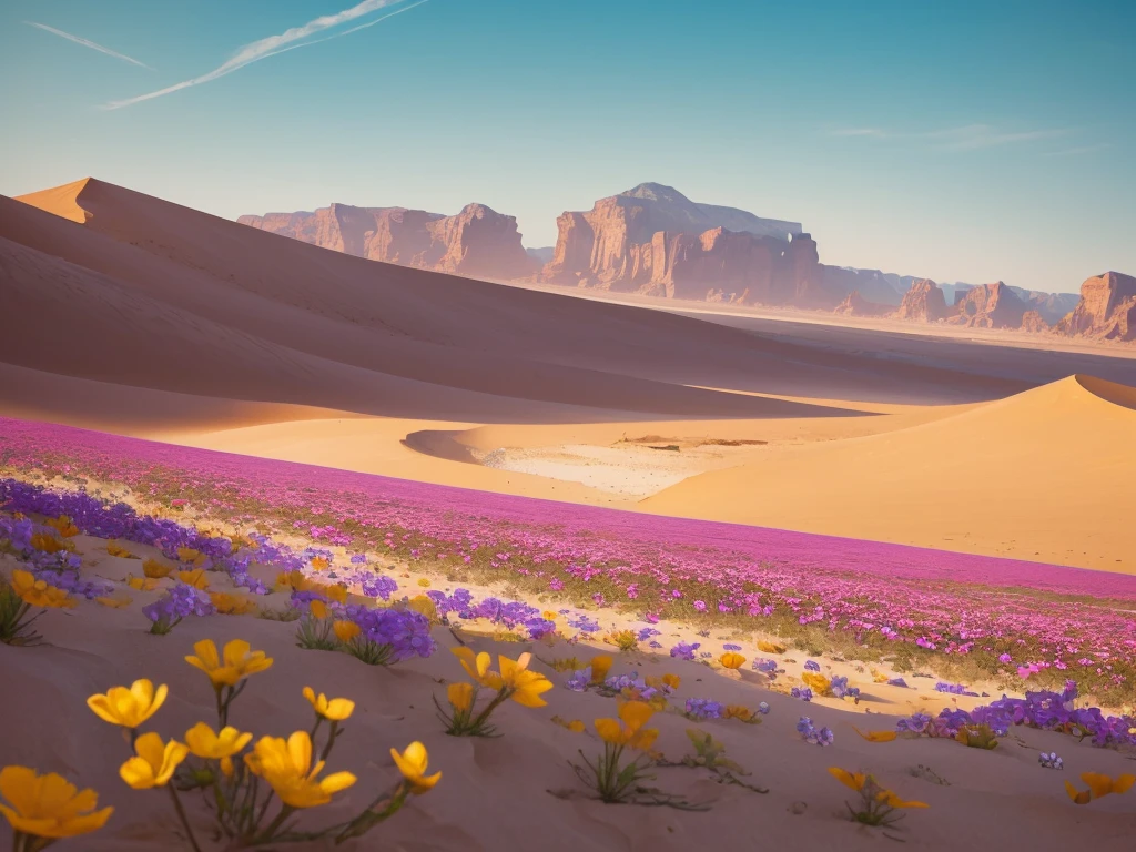 flowers growing in the sand of a desert with mountains in the background, desert flowers, in the desert beside the gulf, incredibly beautiful, unbelievably beautiful, harmony of desert, serene desert setting, beautiful setting, desert colors, by Louis Schanker, beautiful flowers, beautiful scene, beautiful flowers growing, beautiful! coherent!, in a serene vast desert, amazing beauty