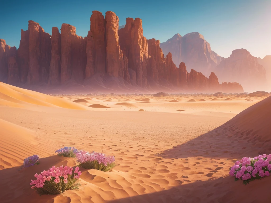 flowers growing in the sand of a desert with mountains in the background, desert flowers, in the desert beside the gulf, incredibly beautiful, unbelievably beautiful, harmony of desert, serene desert setting, beautiful setting, desert colors, by Louis Schanker, beautiful flowers, beautiful scene, beautiful flowers growing, beautiful! coherent!, in a serene vast desert, amazing beauty